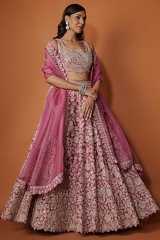 Magenta Slub Silk Cutdana Embroidered Lehenga Set by Suhino